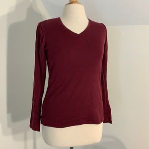 Wine Red V Neck Long Sleeve Supima Cotton T-shirt